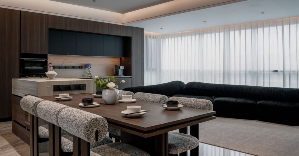 Sleek minimalist apartment interior with luxury furniture and contemporary design elements.